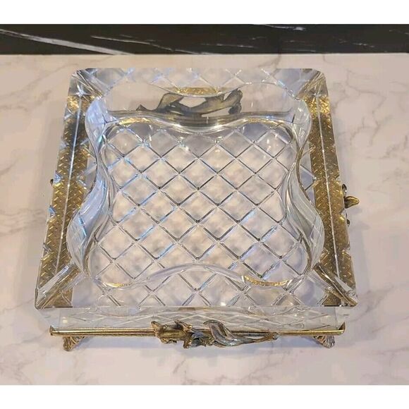 Vintage Glass Crystal Ashtray on a Gilt Ormolu Base Stand Hollywood Regency MCM - Picture 2 of 12